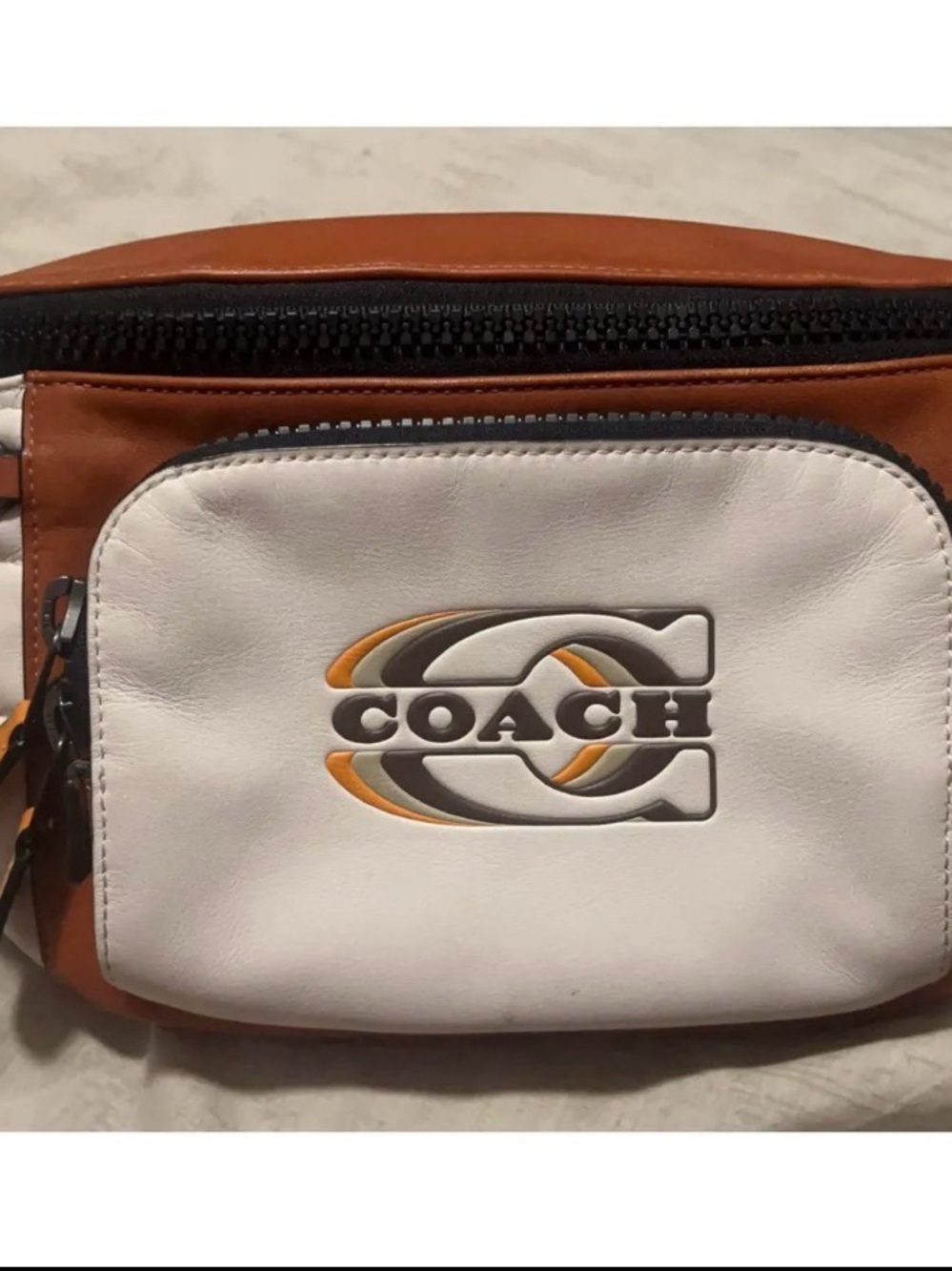 Coach White and Tan Leather Belt Bag with Logo Patch